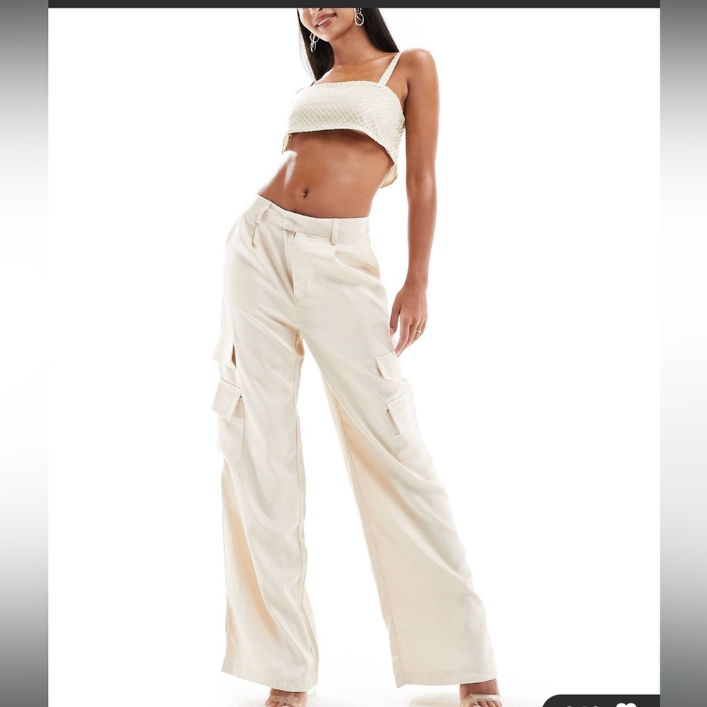 Cream satin cargo pants
